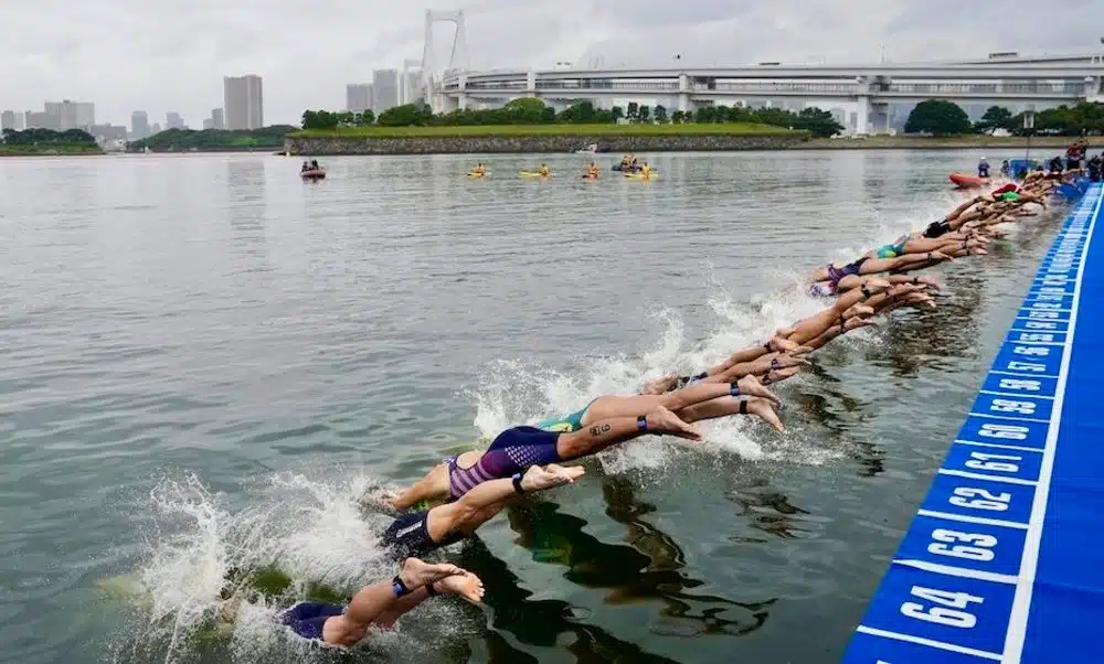 Maratona aquática, pessoas mergulhando na água